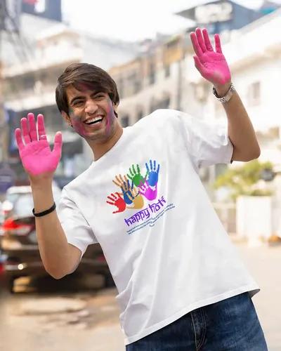 Express Unity in Style: Men's Colorful Handprint Holi T-Shirt for Festive Celebrations | 100% Premium Bio Wash Cotton T-Shirts - S  (White)