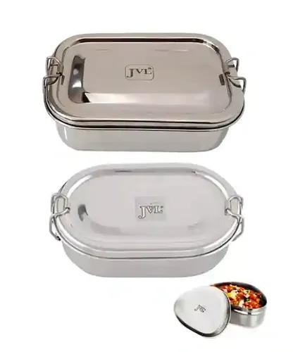 Jvl Stainless Steel Rectangular Lunch Box With Inner Plate - Small & Capsule Shape Lunch Box With Small Container Single Layer Big - Set Of 2