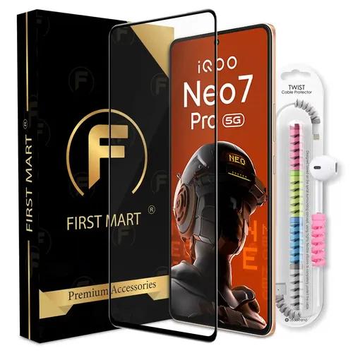 FIRST MART Premium Tempered Glass for iQOO Neo 7 Pro 5G / iQOO Neo 7 5G / iQOO 9T 5G with Edge to Edge Coverage and Cable Protector and Easy Installation Kit, Pack of 1