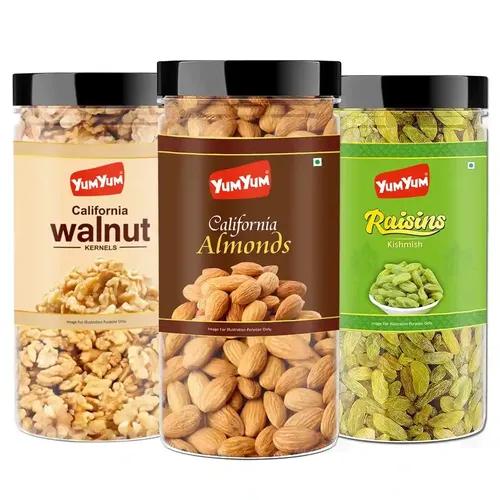 YUM YUM Premium Dry Fruits Combo Pack of 3 | California Almonds 500g, Dried Raisins Kishmish 500g, Walnut Kernels 350g| Total 1350g | Healthy Dry Fruits Snacks | Badam, Kismis,Akhrot Giri Dry fruit Combo