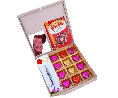 Mantouss Rakhi For Brother With Gift/Rakhi For Brother With Chocolate-Rakhi For Brother+Chocolate Box+Roli,Chawal+Rakhi Greeting Card+Men'S Neck Tie