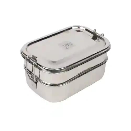 Jvl Stainless Steel Lunch Box For Kids, Double Two Layer Tiffin Box For School And Office Use With Inner Plate - Rectangle - Small Size