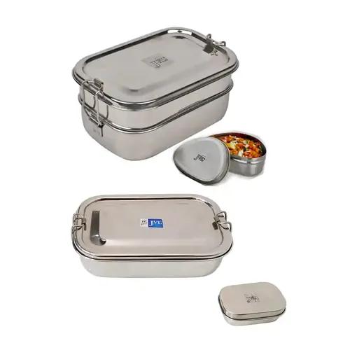 Jvl Stainless Steel Rectangular Single Layer Lunch Box With Small Container & Rectangular Double Layer Lunch Box With Mini Container Not Leak Proof - Pack Of 2