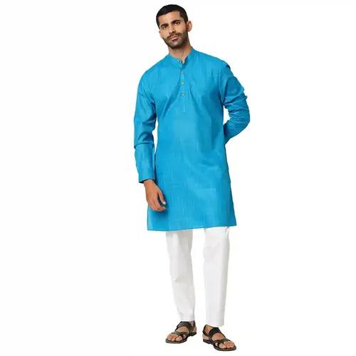 Indivisual Men's Ikat Peacock Blue Kurta - S