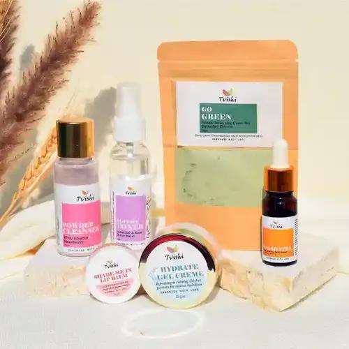 Tvishi Breeze Ritual For Oily Skin Kit - Powder Cleanser, Blossom Toner, Hydrate Gel Cream, Nakshatra Glow Serum, Go Green Clay Mask & Shade Me in Lip Balm