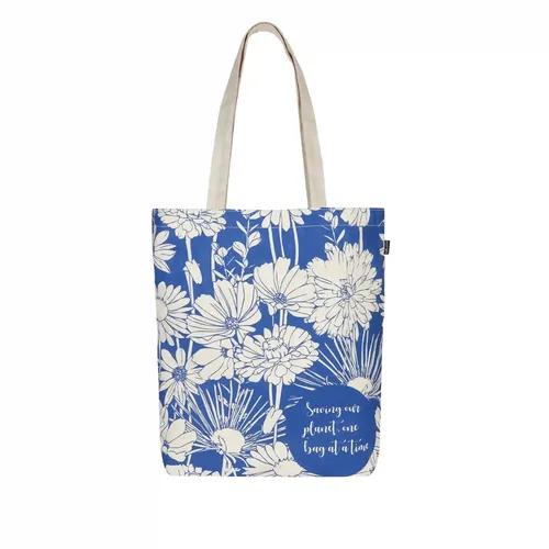 Eco Right Canvas White Utility Tote Bags For Women With Zip, College Bag For Girls, 100% Organic Cotton Tote Bag For Shopping, Travel & Beach Bags For Women - Flowers Blue