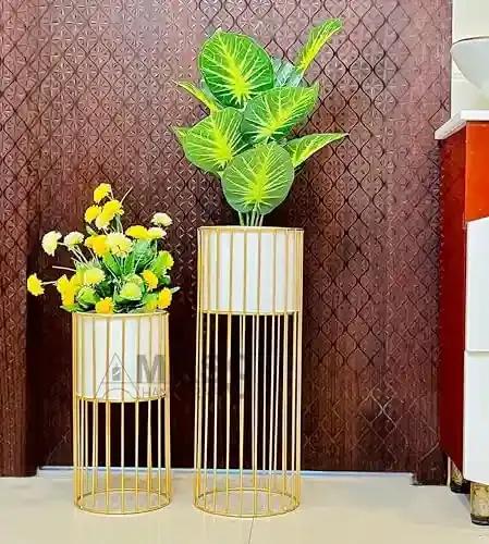 AMASS HANDICRAFTS Modern Metal Decorative Floor Standing White And Gold Indoor Outdoor Plant Stand With Pot For Home Decor Living Room Office Bedroom Balcony Set of 2 Flower Pots (White)