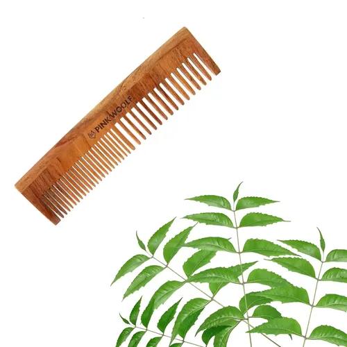 PINK WOOLF Organic Wooden Comb, Made of Kachhi Neem Wood, Detangling, Frizz Control & Shine, Hair Growth for Women & Men Pack of 1 (Wide & Fine Tooth)