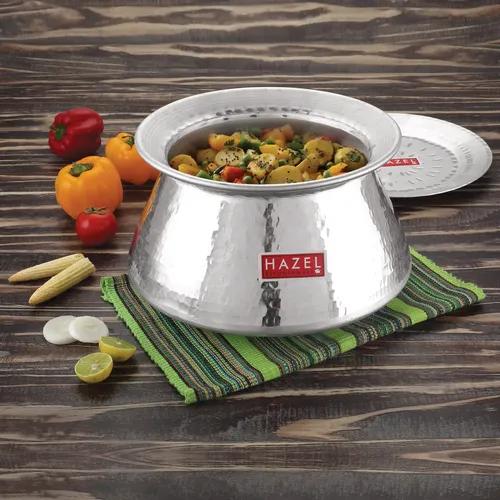 HAZEL Aluminium Hammered Finish Handi with Lid Biryani Rice Cooking Pot Degri Tope Patila Vessel, 26 cm, 7.2 Litre Silver