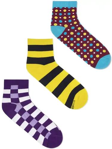 DYNAMOCKS Men's and Women's Combed Cotton Ankle Length Socks (Pack of 3) (Multicolour, Free Size)_SublimePurple_boldStripesYB_Fizzy_mar