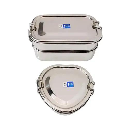 Jvl Stainless Steel Rectangular Shape Double Layer Lunch Box With Inner Plate & Small Heart Shape Single Layer Lunch Box With Inner Plate - Set Of 2