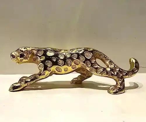 YELLOW Ribbon Aluminum Panther Antique Cat Tiger Family Animal Figurines Home Decoration Antique Gold Plated Showpiece Home Decor & Gifting Decorative Sculpture Made in India (Small Panther)