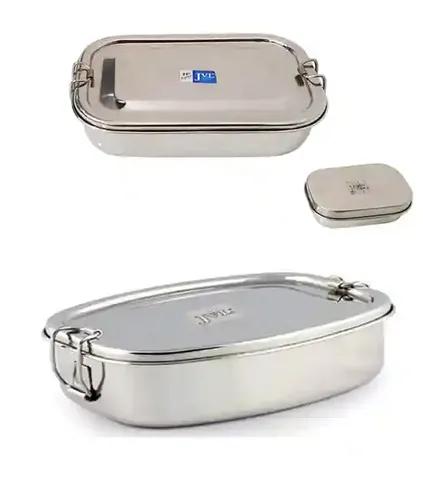 Jvl Stainless Steel Rectangular Single Layer Lunch Box With Small Container & Big Deluxe Lunch Box With Inner Plate Not Leak Proof - Pack Of 2