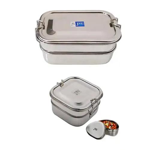 Jvl Stainless Steel Rectangular Shape Double Layer Lunch Box With Inner Plate & Small Square Shape Lunch Box With Mini Container Not Leak Proof - Pack Of 2