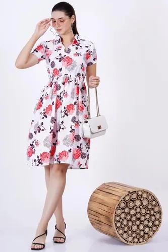 Women's Floral Print Knee Length White Dress - XS