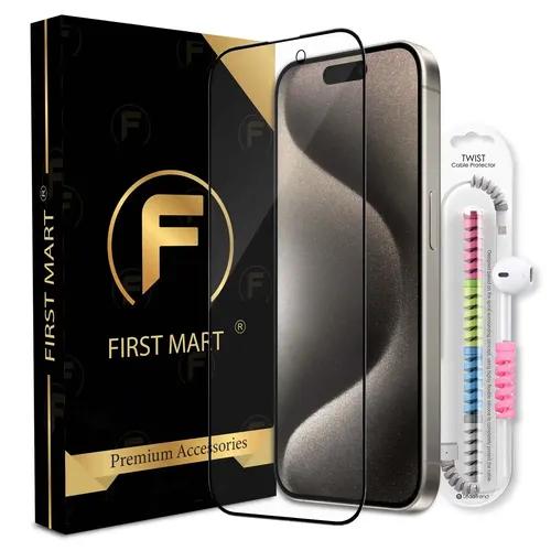 FIRST MART Premium Tempered Glass for iPhone 15 Pro with Edge to Edge Coverage and Cable Protector and Easy Installation Kit, Pack of 1