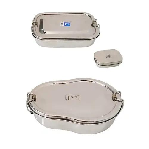 Jvl Stainless Steel Rectangular Single Layer Lunch Box With Small Container & Big & Guitar Lunch Box With Inner Plate Not Leak Proof - Pack Of 2