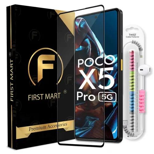 FIRST MART Premium Tempered Glass for Poco X5 Pro 5G / Poco X5 / Poco X4 Pro 5G with Edge to Edge Coverage and Cable Protector and Easy Installation Kit, Pack of 1