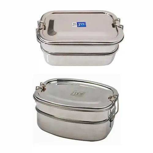 Jvl Stainless Steel Rectangular & Deluxe Shape Double Layer Lunch Box With Inner Plate - Set Of 2