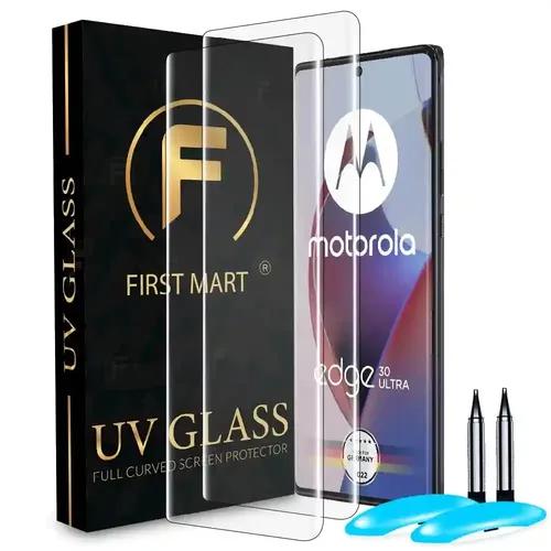 FIRST MART Tempered Glass for Motorola Edge 30 Ultra with Edge to Edge Full Screen Coverage and Easy UV Glue Installation Kit, Pack of 2