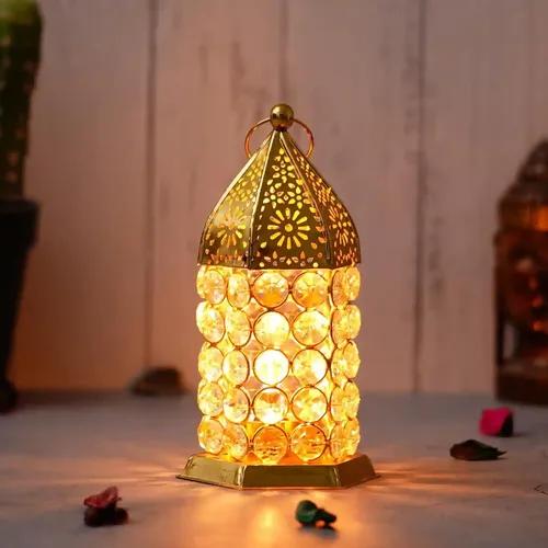 WEBELKART Premium Crystal Lantern Shape Tealight Candle Holder for Home Decor |Tealight Holder for Diwali Decor (6.49" Inches Gold) Table Candle Stand