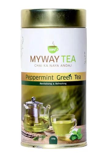 MYWAY TEA Peppermint Green Tea Leaves Loose Leaf Tea, Natural Spearmint Tea | Soothing and Relaxing Herbal Peppermint Tea | Pure Tea Buds Blended with Peppermint | Herbal Infusion Tea, Immune, Low Bitterness, Zero Calories & Improves Metabolism (100Gm) Pack of 1