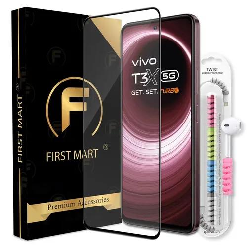 FIRST MART Premium Tempered Glass for Vivo T3X 5G with Edge to Edge Coverage and Cable Protector and Easy Installation Kit, Pack of 1