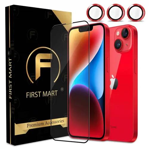 FIRST MART for iPhone 14 Tempered Glass and 1 Set of Individual Red Camera Rings Protectors, 2.5D Curved Edges, Full-Coverage Military-Grade Protection, Scratch Resistant | Red Rings