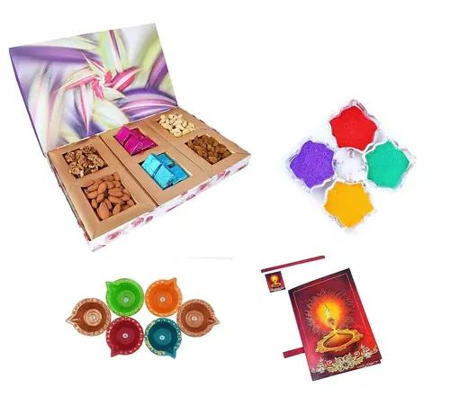 MANTOUSS Premium Dry Fruit and Delicious Chocolate Combo-Cashew,Almond,Walnut and Raisin (50gms Each)+10 Pieces of Chocolate,300 GMS + 2 Cute diyas, Rangoli Colours and Diwali Greeting