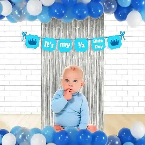 Untumble Half Birthday Decorations With Silver Foil Curtains For Boy- Pack Of 53 (Blue)