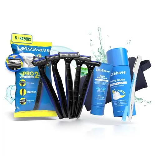 LetsShave Pro 2 Disposable Pack Of 5 Combo Pro 2 Plus Disposable Razor (5)+ Face Wash 30 Ml+Shave Foam -200G+Travel Pouch+Pro Styler (1)