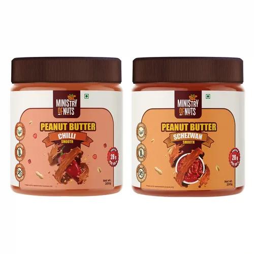 MINISTRY OF NUTS Peanut Butter Chilli Smooth 200G & Schezwan Smooth Peanut Butter 200G Total 400G - Pack Of 2