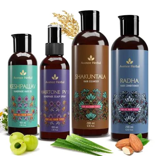 AVIMEE HERBAL Keshpallav Hair Oil (100 ml) & Hairtone PV 1 Scalp Spray (100 ml) & Shakuntala Hair Shampoo (200 ml) & Radha hair Conditioner (200 ml) Combo Pack | Super Saver Pack