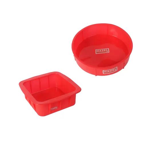 HAZEL Small Silicone Square and Round Shape Cake Mould for Half Kg, 2 Pcs, Red