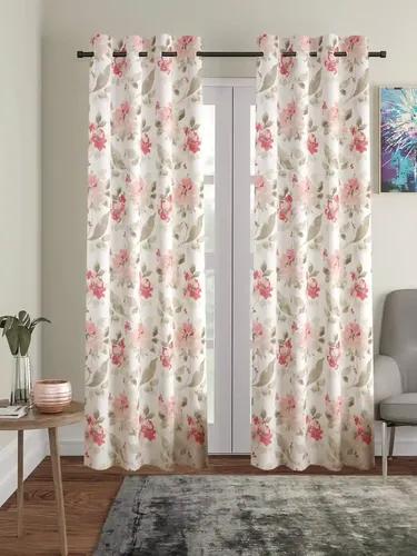 TRANCE HOME LINEN Floral Printed 7 Feet 100% Cotton Door and Window Curtain | 60-65% Room Darkening Curtains | Premium Living Room Bedroom Parda | Eyelet Ring Parde (Tashi Pink Set 2, 7Ft)