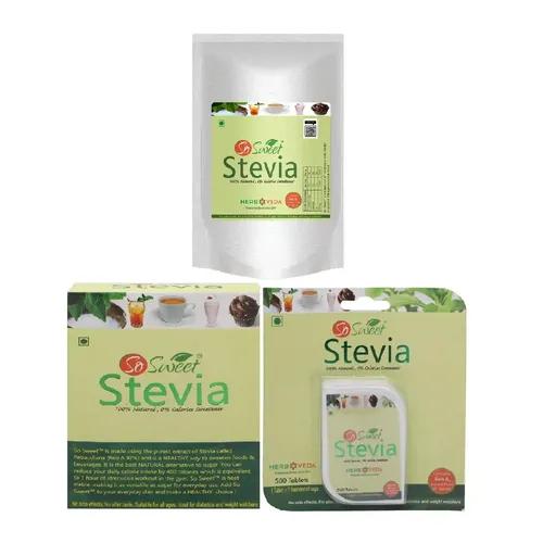 So Sweet Stevia Combo (250gm, 50 Sachets, 500 Stevia Tablets) Zero Calorie Natural Sweetener (Pack of3)