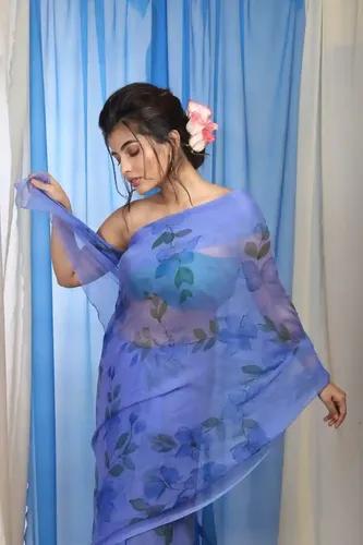 Pure Organza Hand-Painted Blue Saree With Dark Blue Flowers