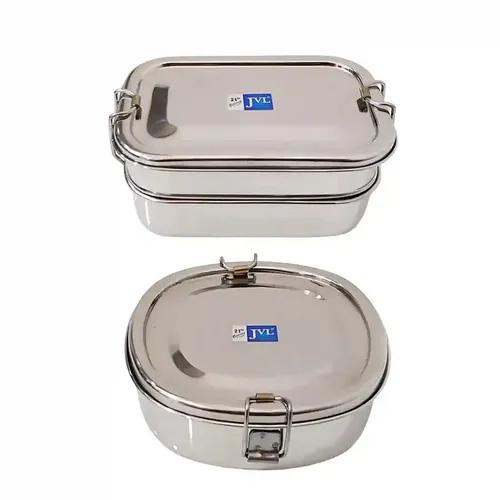 Jvl Stainless Steel Rectangular Double Layer Lunch Box With Inner Plate & Small Chakra Single Layer Lunch Box With Inner Plate - Set Of 2