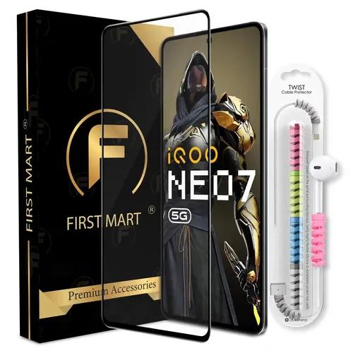 FIRST MART Premium Tempered Glass for iQOO Neo 7 5G / Neo 7 Pro 5G / iQOO 9T and 11 5G with Edge to Edge Coverage and Cable Protector and Easy Installation Kit, Pack of 1