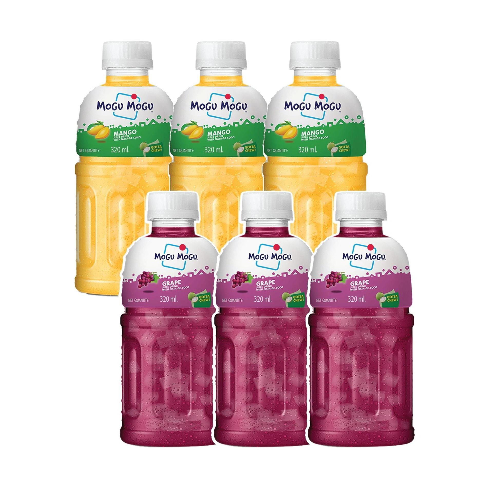 Mogu Mogu Combo Pack of Mango & Grapes with 25% NATA De Coco 320ml - (Pack of 6)